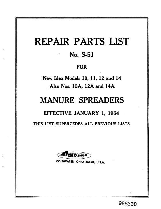 AGCO 10 10A 11 12 12A 14 14A Manure Spreader Parts Book 986338 English