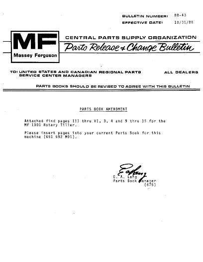 AGCO 1001 Rotary Tiller Parts Book 651592M91 English