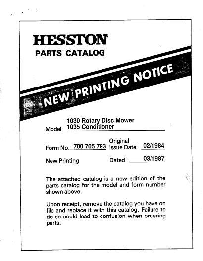 AGCO 1030 Rotary Disc Mower 1035 Conditioner (1984) Parts Book 700705793 English