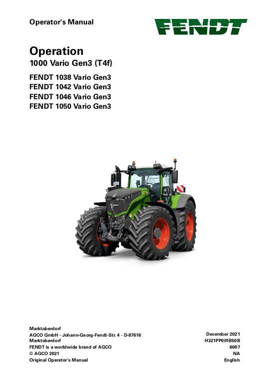 AGCO 1038 1042 1046 1050 Gen3 Tractor (No Am, operation) Operator Manual 72667835 English