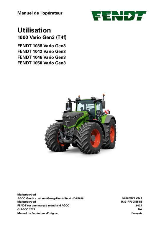 AGCO 1038 1042 1046 1050 Gen3 Tractor (No Am, operation) Operator Manual 72667836 French