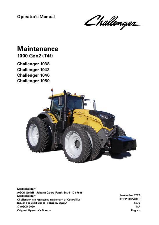 AGCO 1038 1042 1046 1050 Tractor (No Am, Gen 2, maintenance) Operator Manual 72664015 English