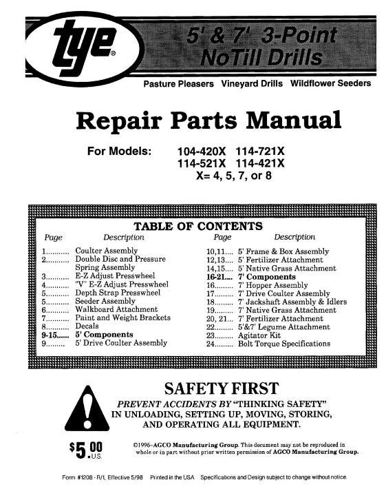 AGCO 104 114 Drill (series IV & series V, 5 & 7 ft, no-till) Parts Book 000-1208 English