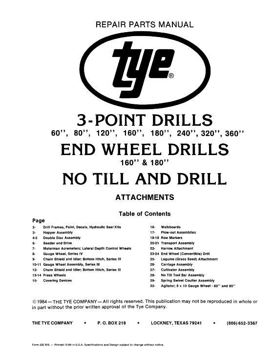 AGCO 104 Series Grain Drill (series 4, 3 point & end wheel, 1984) Parts Book 000-220R6 English