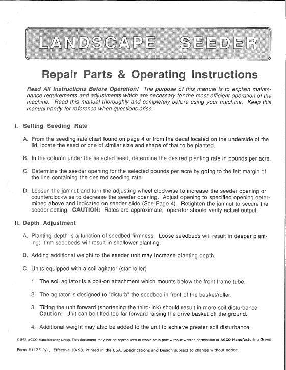 AGCO 104 (Series IV) Landscape Seeder Operator Manual 000-1125R1 English