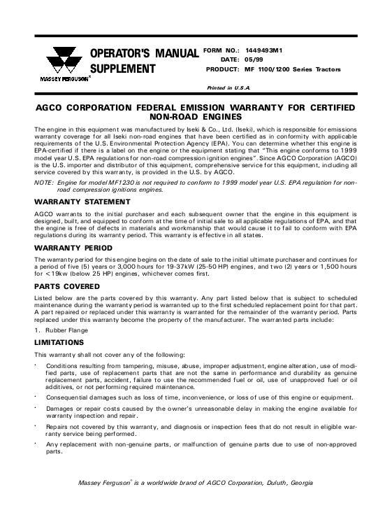 AGCO 1100 1200 Series Compact Tractor (emissions supplement) Operator Manual 1449493M1 English