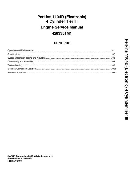AGCO 1104D Perkins Diesel Engine (4-cyl, tier 3, electronic) Service Manual 4283351M1 English