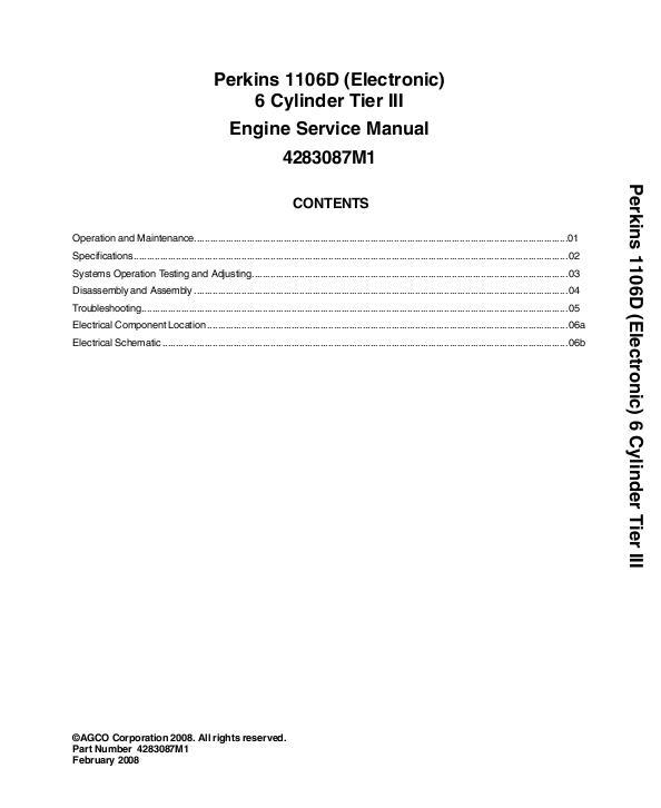 AGCO 1106D Perkins Engine (6-cyl diesel, tier 3, electronic) Service Manual 4283087M1 English