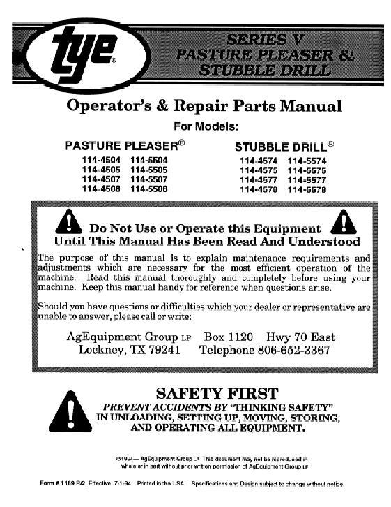 AGCO 114 Series 5 Pasture Pleaser Stubble Drill (114-45xx 114-55xx) Operator Manual 000-1169R2 English