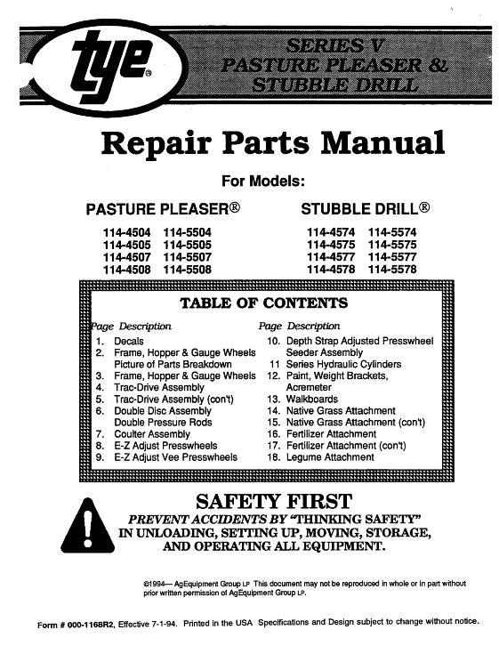 AGCO 114 Series 5 Pasture Pleaser Stubble Drill Parts Book 000-1168R2 English