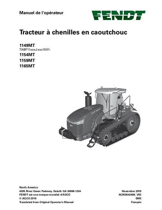 AGCO 1149MT 1154MT 1159MT 1165MT Tractor (tier 4) Operator Manual ACW3842460 French