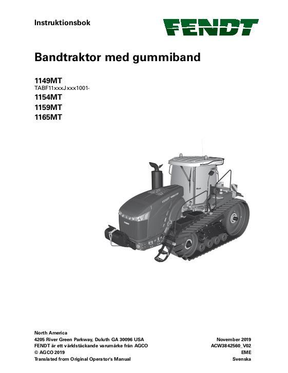 AGCO 1149MT 1154MT 1159MT 1165MT Tractor (tier 4) Operator Manual ACW3842560 Swedish