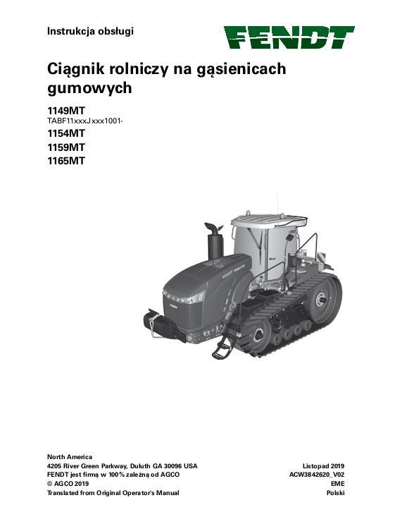 AGCO 1149MT 1154MT 1159MT 1165MT Tractor (tier 4) Operator Manual ACW3842620 Polish