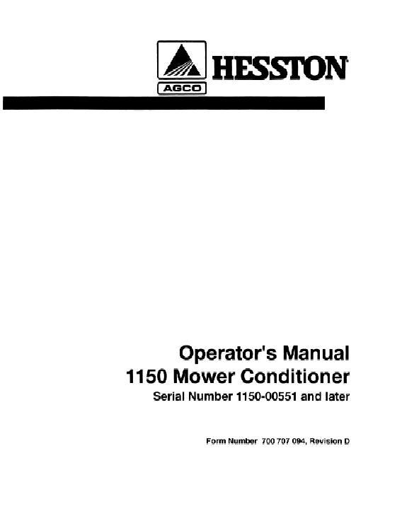 AGCO 1150 Mower Conditioner (eff sn 00551) Operator Manual 700707094D English