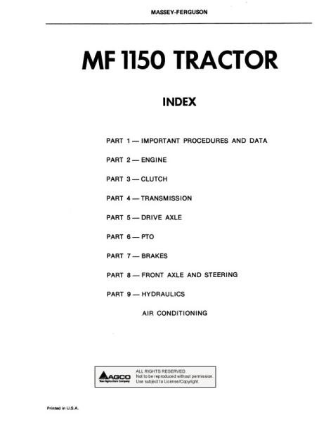 AGCO 1150 Tractor (packet) Service Manual 1448805M1 English
