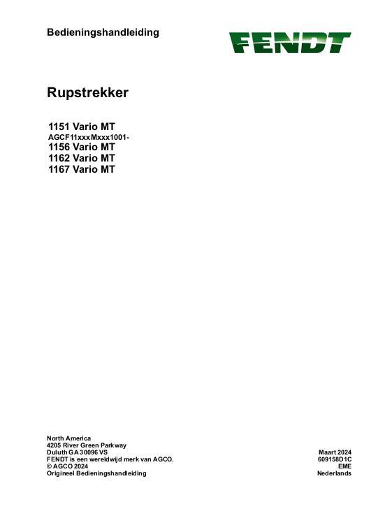 AGCO 1151 Vario MT 1156 Vario MT 1162 Vario MT 1167 Vario MT CE Operator Manual 609158D1C Dutch