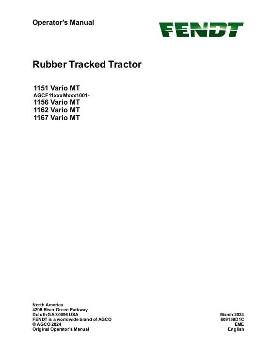 AGCO 1151 Vario MT 1156 Vario MT 1162 Vario MT 1167 Vario MT CE Operator Manual 609159D1C English