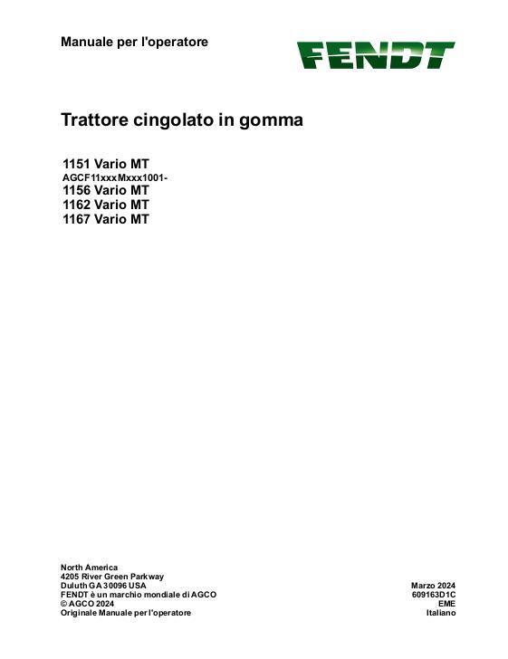 AGCO 1151 Vario MT 1156 Vario MT 1162 Vario MT 1167 Vario MT CE Operator Manual 609163D1C Italian