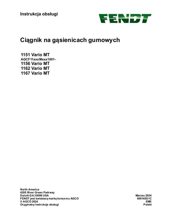 AGCO 1151 Vario MT 1156 Vario MT 1162 Vario MT 1167 Vario MT CE Operator Manual 609165D1C Polish