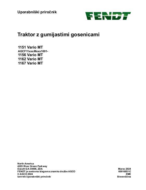 AGCO 1151 Vario MT 1156 Vario MT 1162 Vario MT 1167 Vario MT CE Operator Manual 609168D1C Slovenian