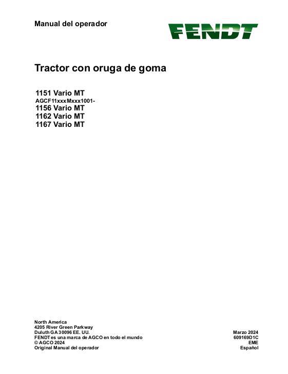 AGCO 1151 Vario MT 1156 Vario MT 1162 Vario MT 1167 Vario MT CE Operator Manual 609169D1C Spanish