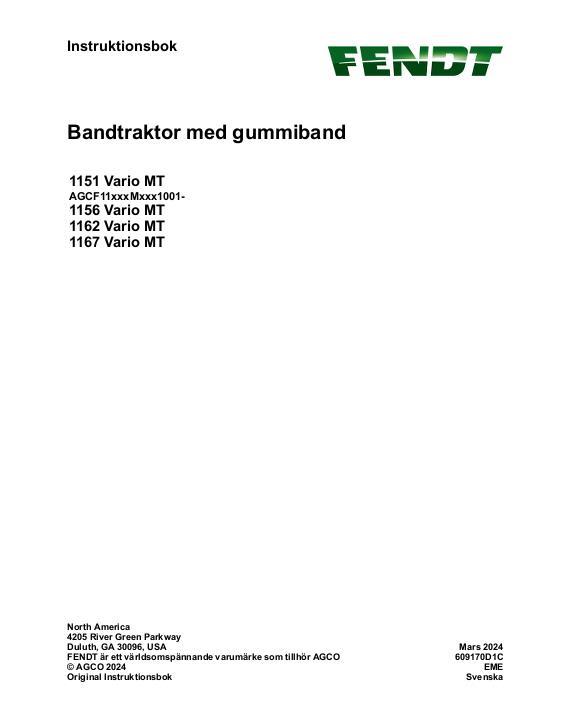 AGCO 1151 Vario MT 1156 Vario MT 1162 Vario MT 1167 Vario MT CE Operator Manual 609170D1C Swedish