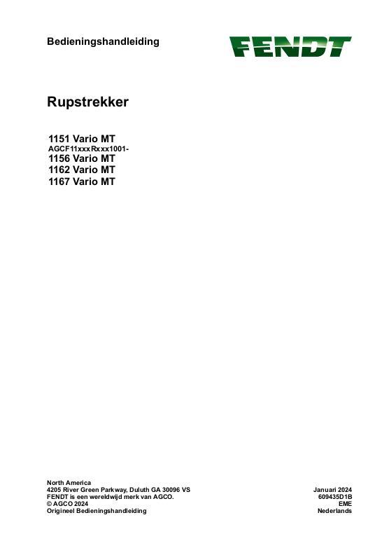 AGCO 1151 Vario MT 1156 Vario MT 1162 Vario MT 1167 Vario MT CE Operator Manual 609435D1B Dutch