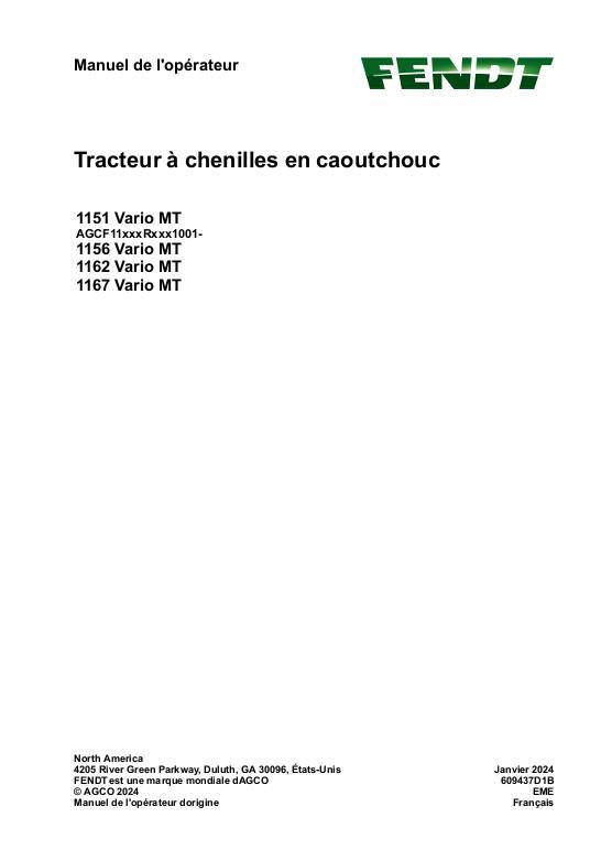 AGCO 1151 Vario MT 1156 Vario MT 1162 Vario MT 1167 Vario MT CE Operator Manual 609437D1B French