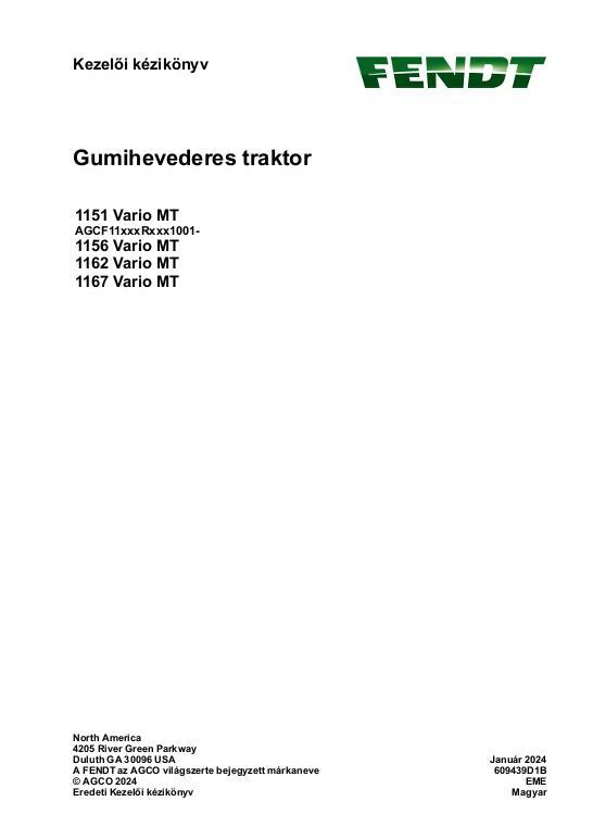 AGCO 1151 Vario MT 1156 Vario MT 1162 Vario MT 1167 Vario MT CE Operator Manual 609439D1B Hungarian