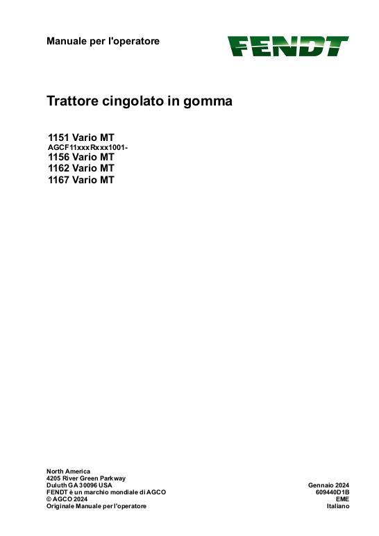 AGCO 1151 Vario MT 1156 Vario MT 1162 Vario MT 1167 Vario MT CE Operator Manual 609440D1B Italian
