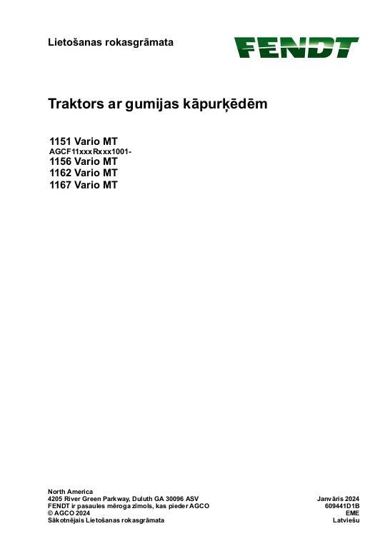 AGCO 1151 Vario MT 1156 Vario MT 1162 Vario MT 1167 Vario MT CE Operator Manual 609441D1B Latvian