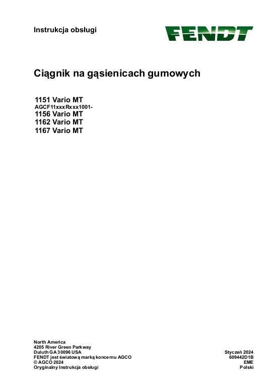 AGCO 1151 Vario MT 1156 Vario MT 1162 Vario MT 1167 Vario MT CE Operator Manual 609442D1B Polish