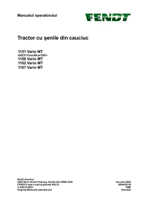 AGCO 1151 Vario MT 1156 Vario MT 1162 Vario MT 1167 Vario MT CE Operator Manual 609443D1B Romanian