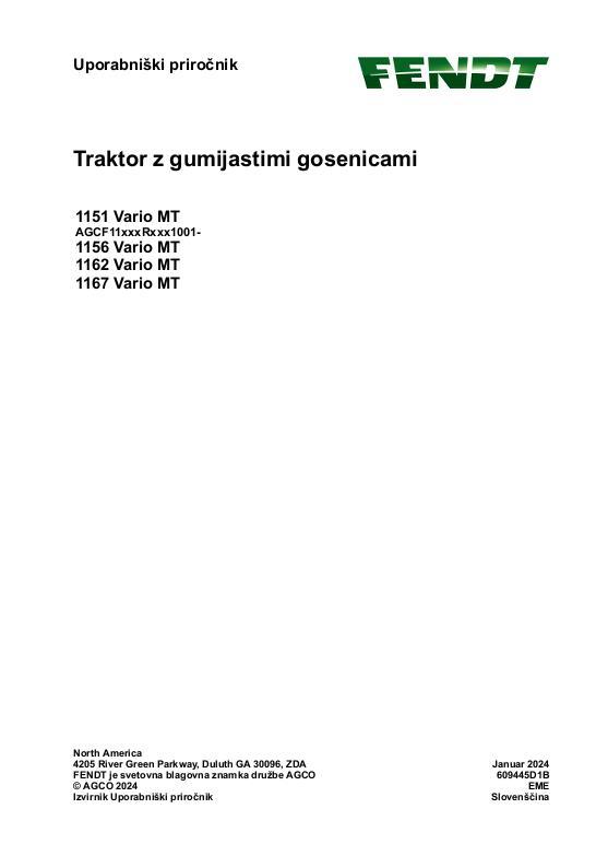 AGCO 1151 Vario MT 1156 Vario MT 1162 Vario MT 1167 Vario MT CE Operator Manual 609445D1B Slovenian