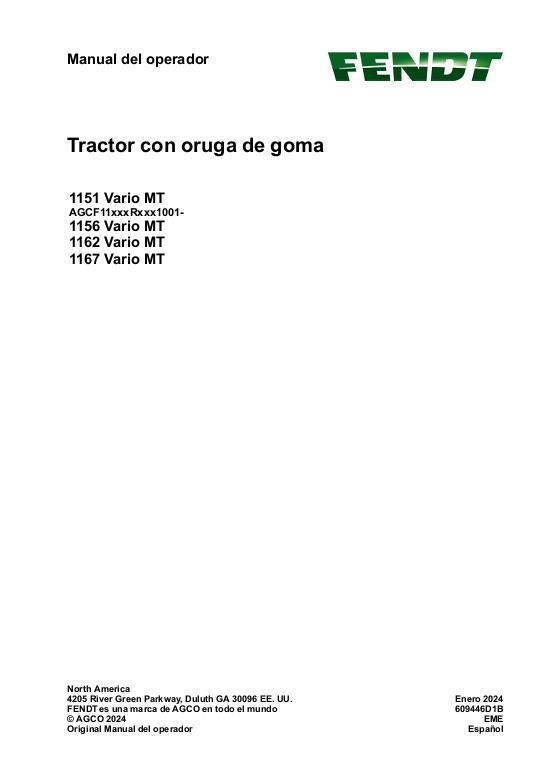 AGCO 1151 Vario MT 1156 Vario MT 1162 Vario MT 1167 Vario MT CE Operator Manual 609446D1B Spanish