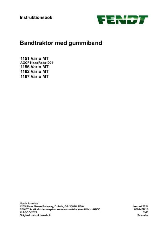 AGCO 1151 Vario MT 1156 Vario MT 1162 Vario MT 1167 Vario MT CE Operator Manual 609447D1B Swedish