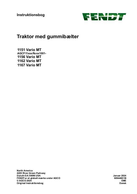 AGCO 1151 Vario MT 1156 Vario MT 1162 Vario MT 1167 Vario MT CE Operator Manual 609448D1B Danish