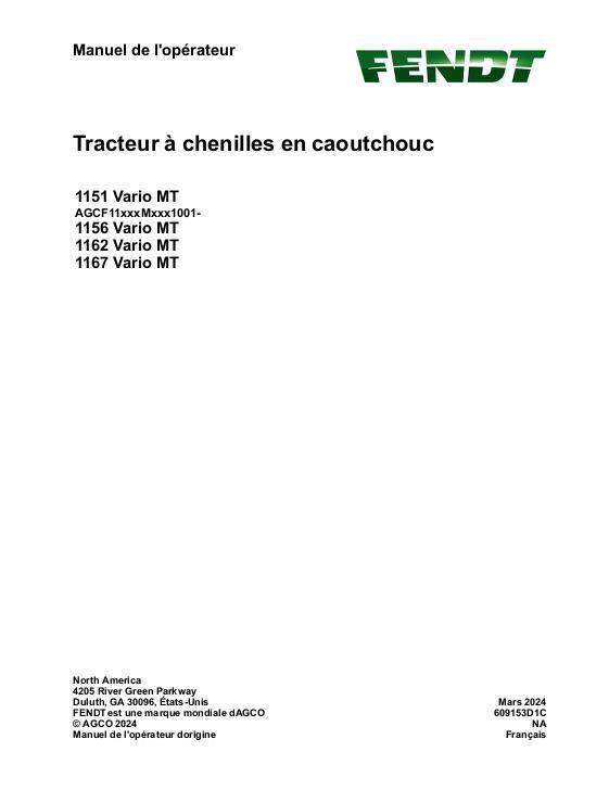 AGCO 1151 Vario MT 1156 Vario MT 1162 Vario MT 1167 Vario MT Operator Manual 609153D1C French