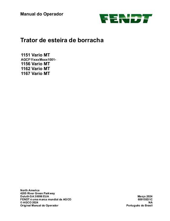 AGCO 1151 Vario MT 1156 Vario MT 1162 Vario MT 1167 Vario MT Operator Manual 609155D1C Portuguese