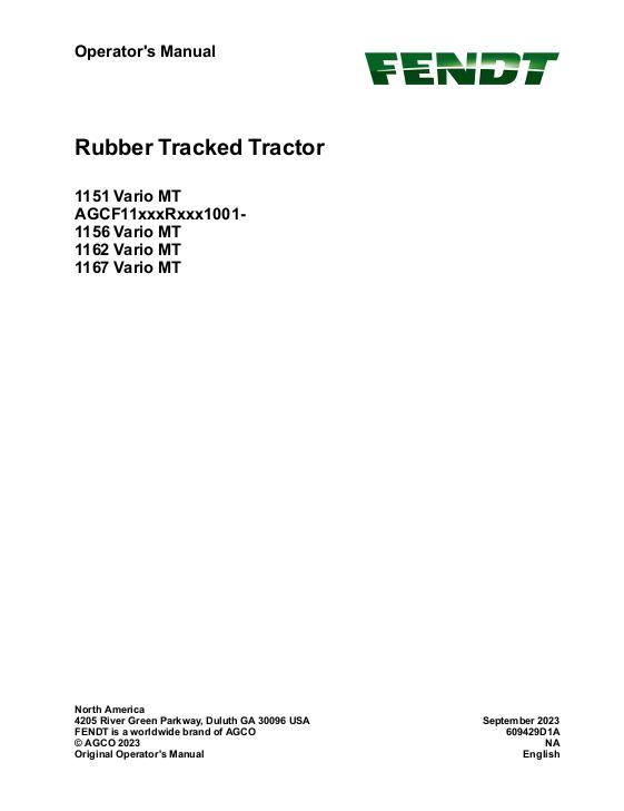 AGCO 1151 Vario MT 1156 Vario MT 1162 Vario MT 1167 Vario MT Operator Manual 609429D1B English