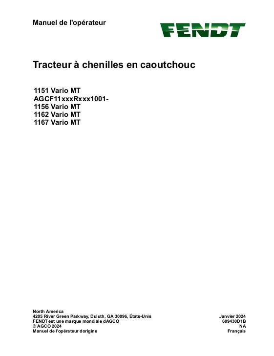 AGCO 1151 Vario MT 1156 Vario MT 1162 Vario MT 1167 Vario MT Operator Manual 609430D1B French