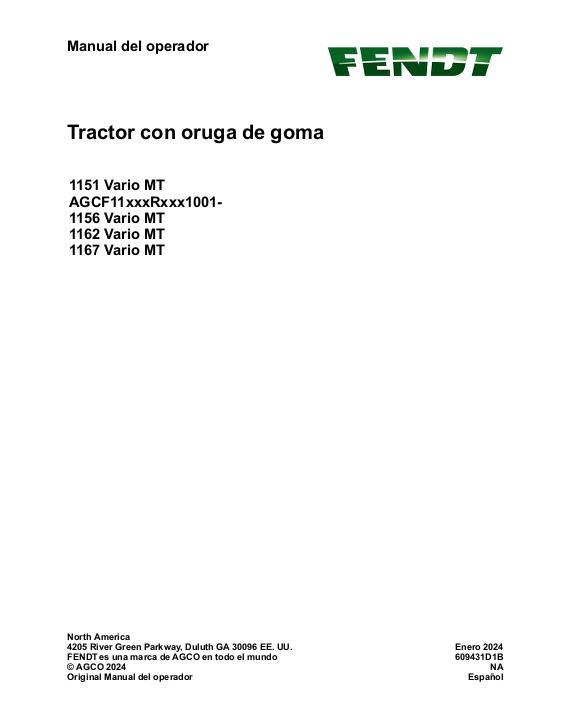 AGCO 1151 Vario MT 1156 Vario MT 1162 Vario MT 1167 Vario MT Operator Manual 609431D1B Spanish