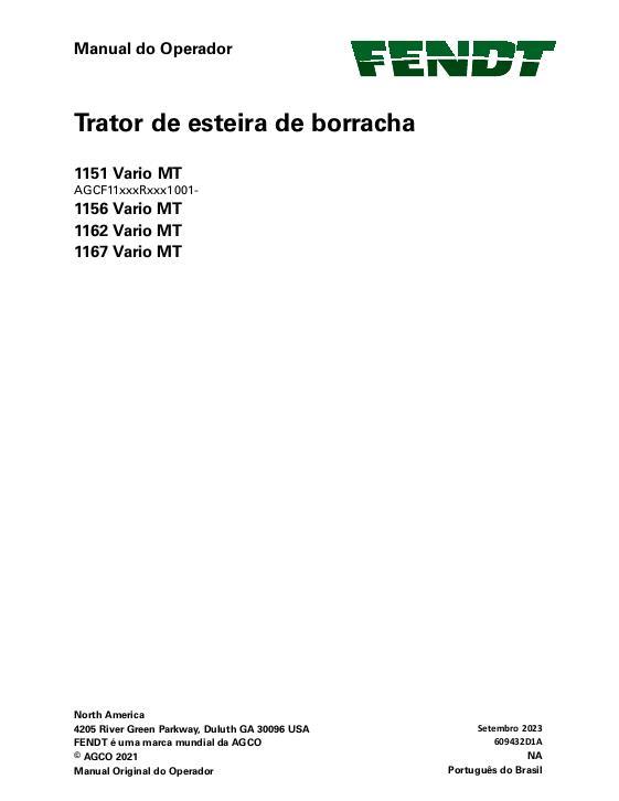 AGCO 1151 Vario MT 1156 Vario MT 1162 Vario MT 1167 Vario MT Operator Manual 609432D1B Portuguese