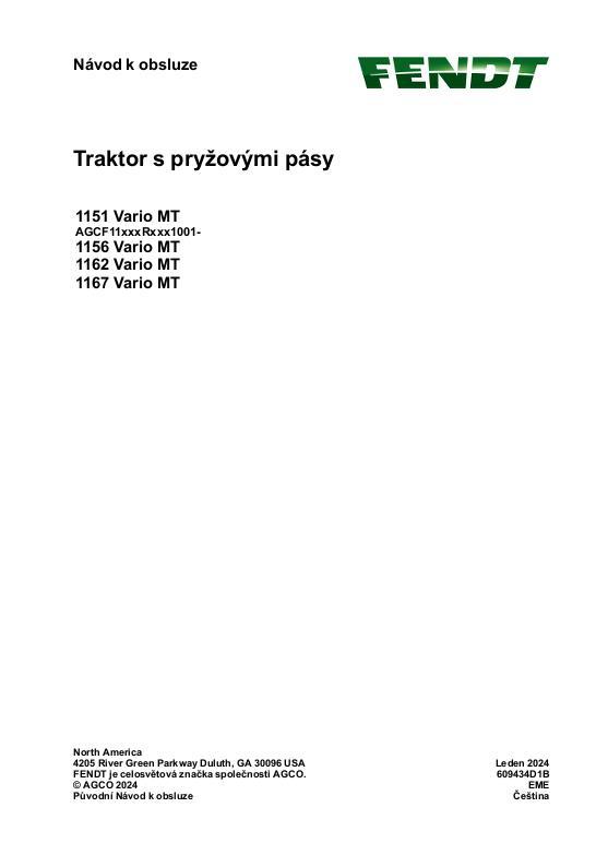AGCO 1151 Vario MT 1156 Vario MT 1162 Vario MT 1167 Vario MT Operator Manual 609434D1B Czech