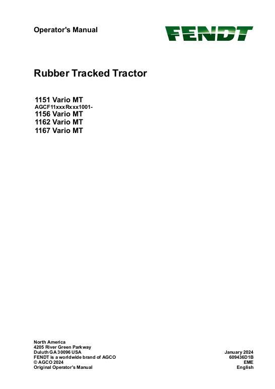 AGCO 1151 Vario MT 1156 Vario MT 1162 Vario MT 1167 Vario MT Operator Manual 609436D1B English