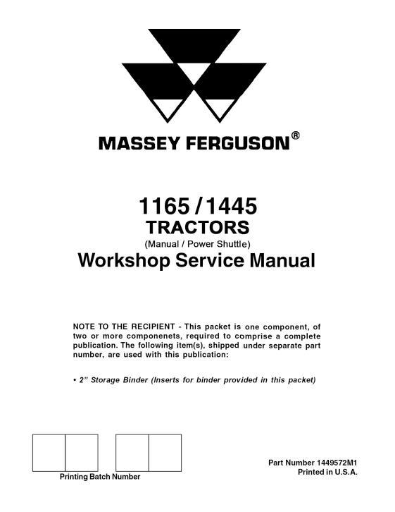 AGCO 1165 (eff sn 'J') 1445 Tractor (shuttle transmission) (packet) Service Manual 1449572M1 English