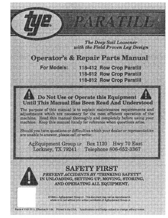 AGCO 118 Paratill Subsoiler (3 Bar Welded Frame) Operator Manual 000-1161R3 English