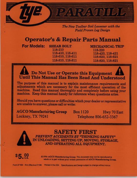 AGCO 118 Paratill Toolbar (2 bar bolted frame) Operator Manual 000-1139R4 English