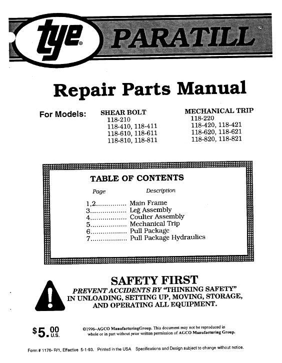 AGCO 118 Paratill Toolbar (2 bar bolted frame) Parts Book 000-1176R1 English