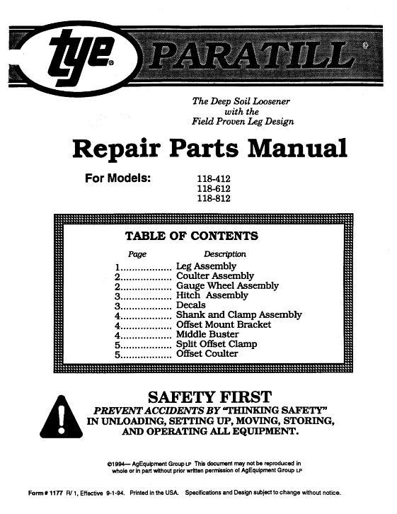 AGCO 118 Paratill Toolbar (3 bar welded frame) Parts Book 000-1177R1 English